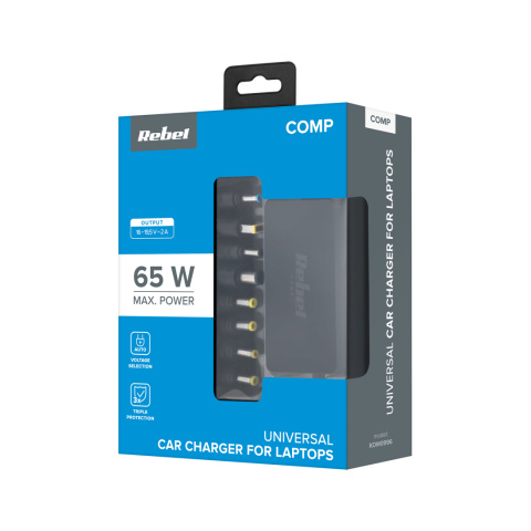 Ładowarka samochodowa do laptopa zasilacz 65W 12v 24V 8 końcówek Rebel Ładowarka samochodowa do laptopa zasilacz 65W 12v 24V 8 końcówek Rebel