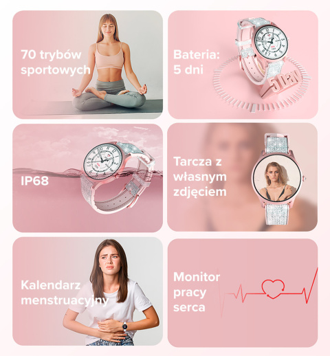 Smartwatch KIESLECT Lora Pink IP68 BT iOS rozmowy tętno Smartwatch KIESLECT Lora Pink IP68 BT iOS rozmowy tętno