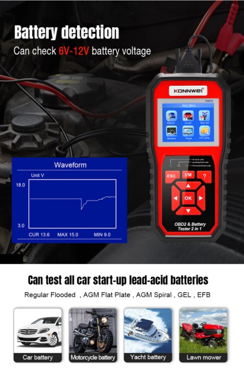 Miernik diagnostyczny skaner OBD2 tester baterii Konnwei KW870