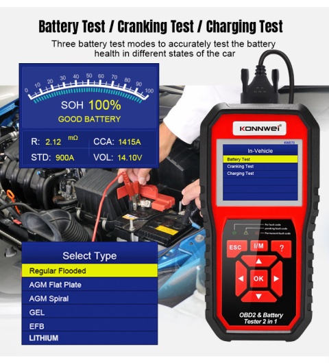 Miernik diagnostyczny skaner OBD2 tester baterii Konnwei KW870