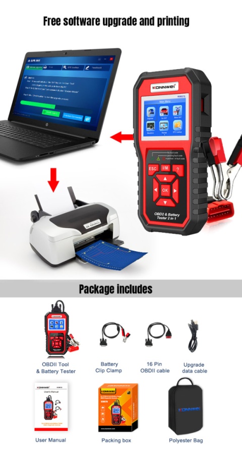 Miernik diagnostyczny skaner OBD2 tester baterii Konnwei KW870