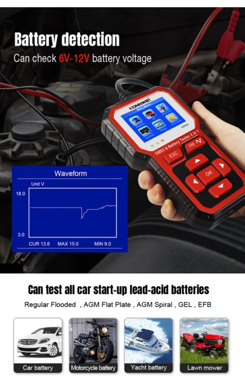 Tester diagnostyczny aku skaner OBD2 Konnwei KW681 Tester diagnostyczny aku skaner OBD2 Konnwei KW681