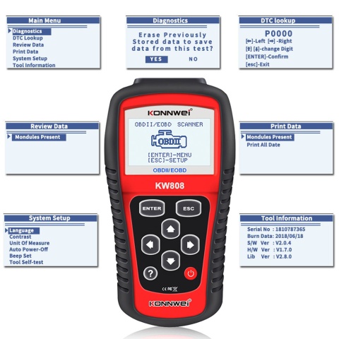 Tester diagnostyczny aku skaner OBD2 Konnwei KW808 Tester diagnostyczny aku skaner OBD2 Konnwei KW808
