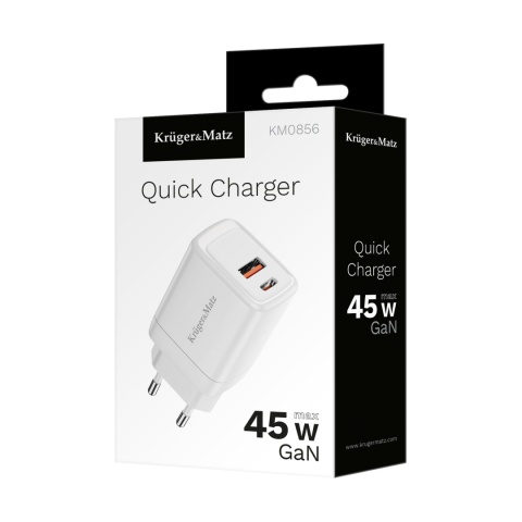 Szybka ładowarka sieciowa GAN 45W Power Delivery Quick Charge Kruger&Matz Szybka ładowarka sieciowa GAN 45W Power Delivery Quick Charge Kruger&Matz