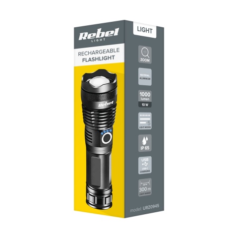 Akumulatorowa latarka LED Rebel 10 W zoom aluminium 1000 lm IP65 USB-C