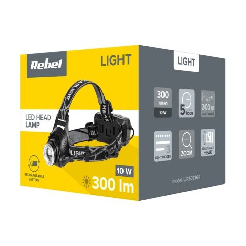 Akumulatorowa latarka czołowa 10W zoom aluminium Rebel 300 lm zasięg 200 m Akumulatorowa latarka czołowa 10W zoom aluminium Rebel 300 lm zasięg 200 m