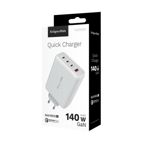 Ładowarka sieciowa Kruger&Matz 140 W GaN z funkcją Quick Chazge i Power Delivery Ładowarka sieciowa Kruger&Matz 140 W GaN z funkcją Quick Chazge i Power Delivery