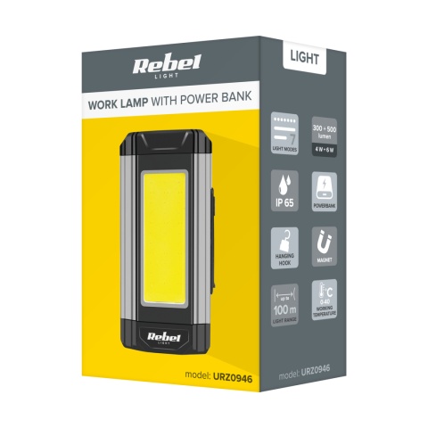 Lampa LED warsztatowa Rebel 15 W power bank 100 m IP65 magnes haczyk Lampa LED warsztatowa Rebel 15 W power bank 100 m IP65 magnes haczyk