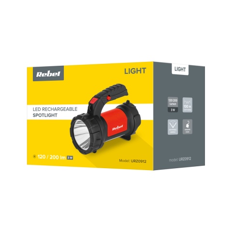 Latarka LED akumulatorowa szperacz 3W 120lm 100m + COB 200lm 200m hak Rebel