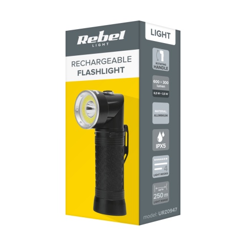 Latarka LED z ruchomą głowicą Rebel 1200 mAh 250m IPX5 aluminium