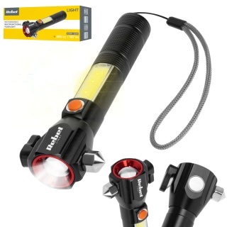 Latarka Taktyczna LED Mocna ZOOM USB 200m młotek nóż magnes Rebel