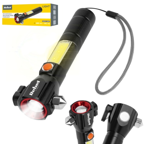 Latarka Taktyczna LED Mocna ZOOM USB 200m młotek nóż magnes Rebel
