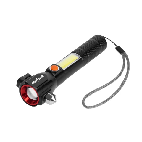 Latarka Taktyczna LED Mocna ZOOM USB 200m młotek nóż magnes Rebel