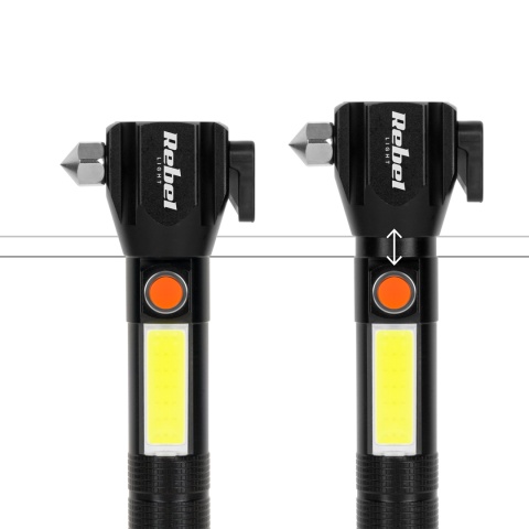 Latarka Taktyczna LED Mocna ZOOM USB 200m młotek nóż magnes Rebel