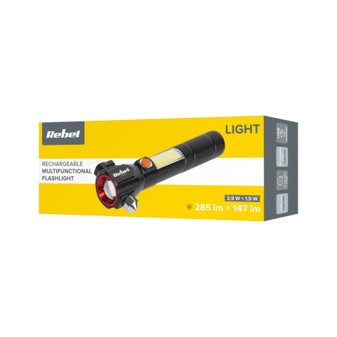 Latarka Taktyczna LED Mocna ZOOM USB 200m młotek nóż magnes Rebel