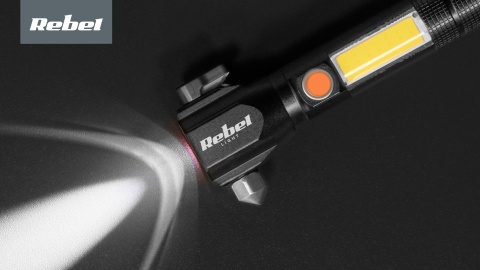 Latarka Taktyczna LED Mocna ZOOM USB 200m młotek nóż magnes Rebel