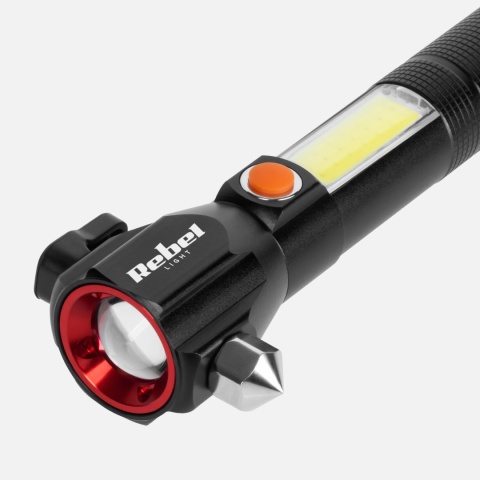 Latarka Taktyczna LED Mocna ZOOM USB 200m młotek nóż magnes Rebel