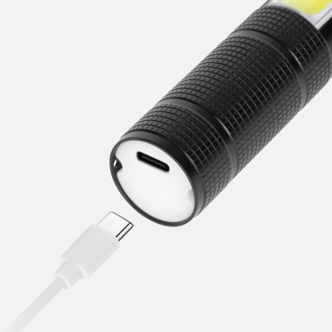 Latarka Taktyczna LED Mocna ZOOM USB 200m młotek nóż magnes Rebel