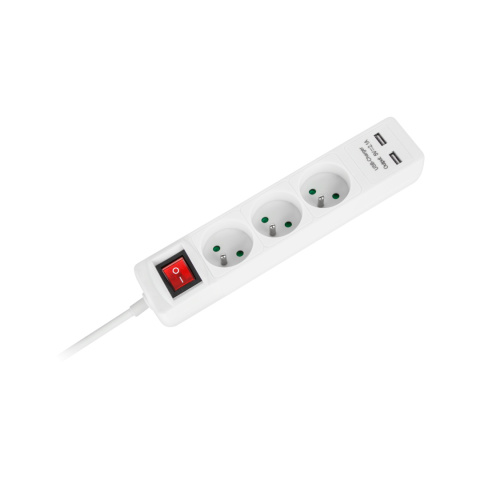 Przedłużacz listwa zasilająca 1,5m 3 gniazda 2xUSB 3x1,0mm2 włącznik Rebel
