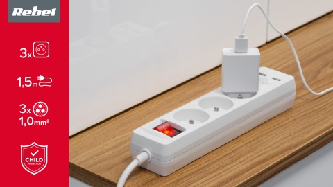 Przedłużacz listwa zasilająca 1,5m 3 gniazda 2xUSB 3x1,0mm2 włącznik Rebel