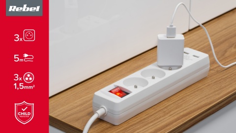 Przedłużacz listwa zasilająca 5m 3 gniazda 2xUSB 3x1,0mm2 włącznik Rebel
