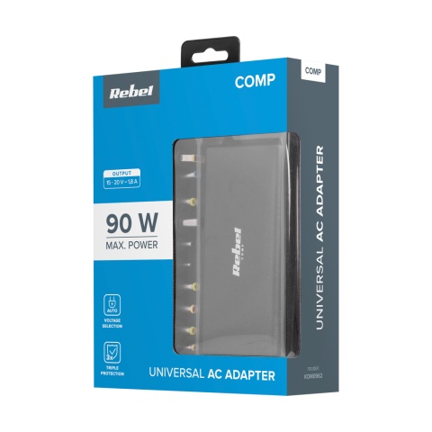 Zasilacz uniwersalny Rebel 11 końcówek 90 W 15-20 V automatyczny z funkcją Power Delivery Zasilacz uniwersalny Rebel 11 końcówek 90 W 15-20 V automatyczny z funkcją Power Delivery