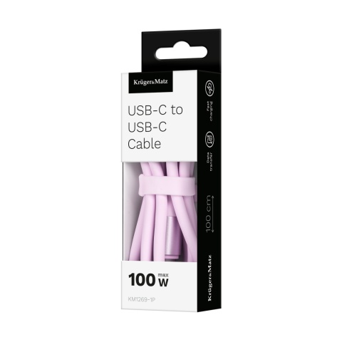 Kabel USB C - USB C 100 W 1 m silikonowy różowy Kruger&Matz Basic Kabel USB C - USB C 100 W 1 m silikonowy różowy Kruger&Matz Basic