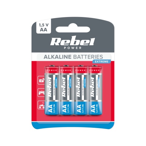 Baterie alkaliczne AA LR06 R6 LR6 4 sztuki 1,5V paluszki Rebel Extreme Baterie alkaliczne AA LR06 R6 LR6 4 sztuki 1,5V paluszki Rebel Extreme