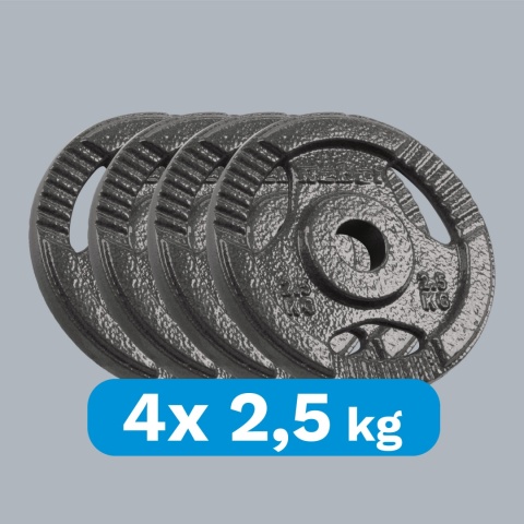 Obciążenie żeliwne zestaw 4x2.5kg 10kg otwór 31mm talerz z uchwytami REBEL Obciążenie żeliwne zestaw 4x2.5kg 10kg otwór 31mm talerz z uchwytami REBEL