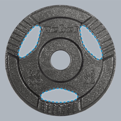 Obciążenie żeliwne zestaw 4x2.5kg 10kg otwór 31mm talerz z uchwytami REBEL Obciążenie żeliwne zestaw 4x2.5kg 10kg otwór 31mm talerz z uchwytami REBEL