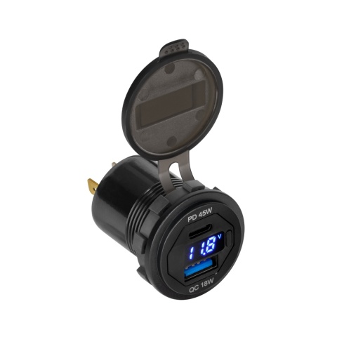 Ładowarka samochodowa USB+USB typu C z funkcją Quick Charge Power Delivery miernik napięcia 63W Peiyng