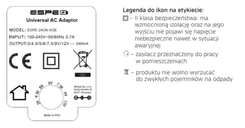 ZASILACZ WTYCZKOWY 3-12V 2A 1m. 3V 4,5V 5V 6V 7,5V 9V 12VDC REGULOWANY ESPE ZASILACZ WTYCZKOWY 3-12V 2A 1m. 3V 4,5V 5V 6V 7,5V 9V 12VDC REGULOWANY ESPE