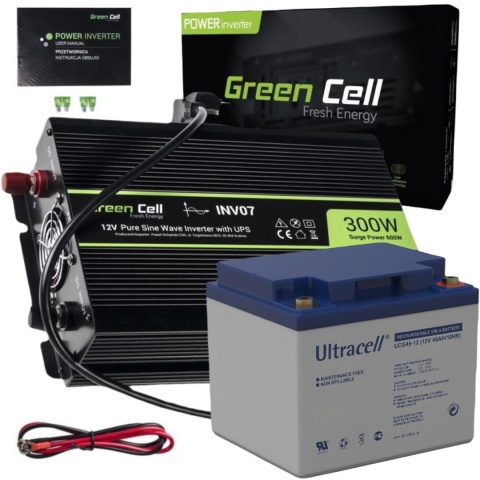 ZESTAW PRZETWORNICA Green Cell 12V / 230V 300W/600W CZYSTY SINUS + AKUMULATOR AGM 12V 45Ah ZESTAW PRZETWORNICA Green Cell 12V / 230V 300W/600W CZYSTY SINUS + AKUMULATOR AGM 12V 45Ah