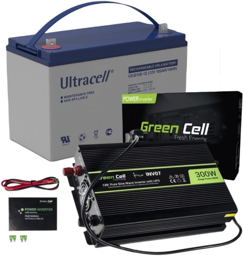 ZESTAW PRZETWORNICA Green Cell 12V/ 230V 300W/600W CZYSTY SINUS + AKUMULATOR AGM ULTRACELL 12V 100Ah ZESTAW PRZETWORNICA Green Cell 12V/ 230V 300W/600W CZYSTY SINUS + AKUMULATOR AGM ULTRACELL 12V 100Ah