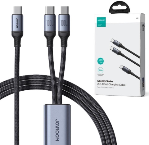 Kabel 2w1 USB-C / 2x USB-C Joyroom Speedy SA21-1T2 150cm 100W w oplocie czarny Kabel 2w1 USB-C / 2x USB-C Joyroom Speedy SA21-1T2 150cm 100W w oplocie czarny