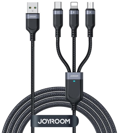 Kabel 3w1 USB-A / USB-C micro-USB Lightning Joyroom S-1T3018A18 120cm 2.4A w oplocie czarny Kabel 3w1 USB-A / USB-C micro-USB Lightning Joyroom S-1T3018A18 120cm 2.4A w oplocie czarny