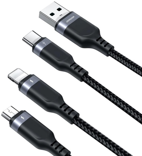 Kabel 3w1 USB-A / USB-C micro-USB Lightning Joyroom S-1T3018A18 30cm 3.5A w oplocie czarny Kabel 3w1 USB-A / USB-C micro-USB Lightning Joyroom S-1T3018A18 30cm 3.5A w oplocie czarny