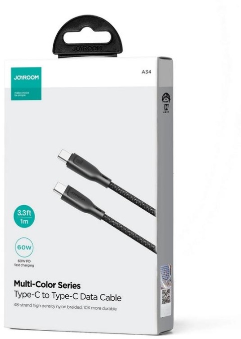 Kabel USB-C / USB-C Joyroom SA34-CC3 100cm 60W 5A PD w oplocie czarny Kabel USB-C / USB-C Joyroom SA34-CC3 100cm 60W 5A PD w oplocie czarny