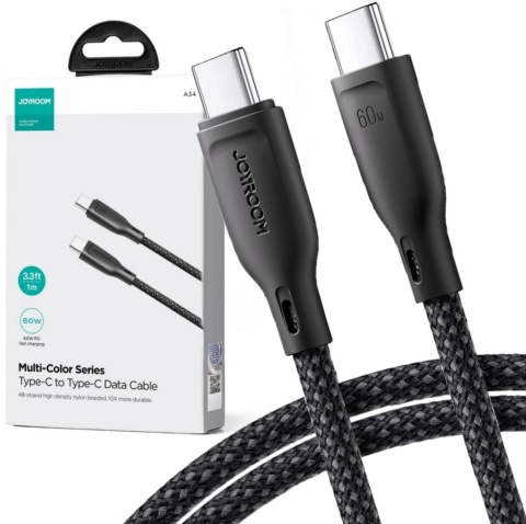Kabel USB-C / USB-C Joyroom SA34-CC3 100cm 60W 5A PD w oplocie czarny Kabel USB-C / USB-C Joyroom SA34-CC3 100cm 60W 5A PD w oplocie czarny