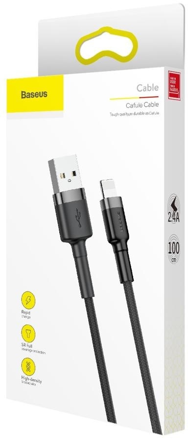 KABEL USB-A / Lightning iPhone Baseus Cafule CALKLF-BG1 100cm Apple 2.4A CZARNO-SZARY W OPLOCIE KABEL USB-A / Lightning iPhone Baseus Cafule CALKLF-BG1 100cm Apple 2.4A CZARNO-SZARY W OPLOCIE