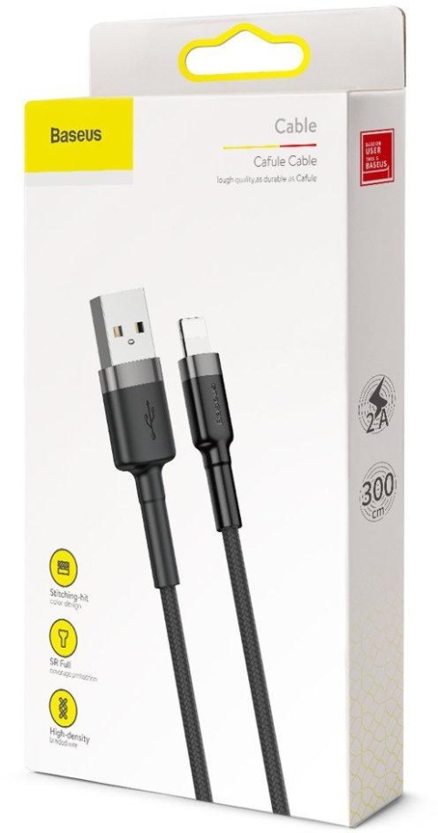 KABEL USB-A / Lightning iPhone Baseus Cafule CALKLF-RG1 300cm Apple 2A CZARNO-SZARY W OPLOCIE KABEL USB-A / Lightning iPhone Baseus Cafule CALKLF-RG1 300cm Apple 2A CZARNO-SZARY W OPLOCIE