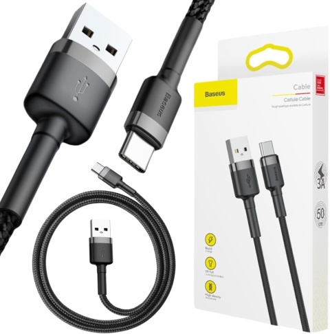 KABEL USB-A / USB-C Baseus Cafule CATKLF-AG1 50cm 3A QC 3.0 CZARNO-SZARY W NYLONOWYM OPLOCIE KABEL USB-A / USB-C Baseus Cafule CATKLF-AG1 50cm 3A QC 3.0 CZARNO-SZARY W NYLONOWYM OPLOCIE