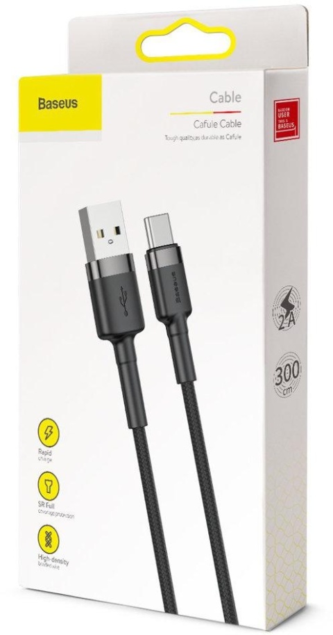 KABEL USB-A / USB-C Baseus Cafule CATKLF-UG1 300cm 2A QC 3.0 CZARNO-SZARY W NYLONOWYM OPLOCIE KABEL USB-A / USB-C Baseus Cafule CATKLF-UG1 300cm 2A QC 3.0 CZARNO-SZARY W NYLONOWYM OPLOCIE