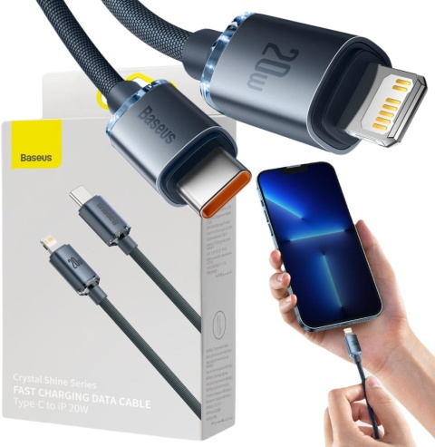 KABEL USB-C / Lightning iPhone Baseus Crystal CAJY000301 2m 20W PD QC CZARNY W OPLOCIE PREMIUM KABEL USB-C / Lightning iPhone Baseus Crystal CAJY000301 2m 20W PD QC CZARNY W OPLOCIE PREMIUM