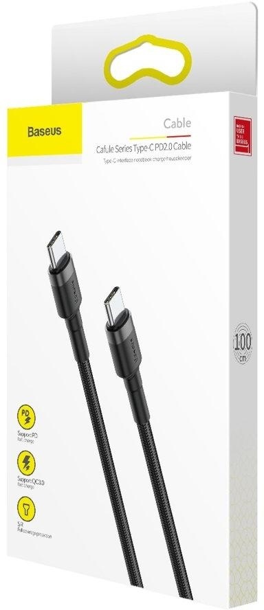 KABEL USB-C / USB-C Baseus Cafule CATKLF-GG1 100cm 60W 3A PD 2.0 QC 3.0 CZARNO-SZARY W OPLOCIE
