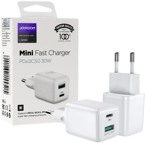 Ładowarka sieciowa Joyroom L-QP303 30W PD 3.0 QC 3.0 1x USB-C biała Ładowarka sieciowa Joyroom L-QP303 30W PD 3.0 QC 3.0 1x USB-C biała