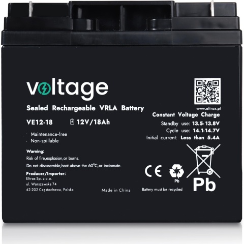 Akumulator AGM Voltage 12V 18Ah VE12-18 (Żywotność 6-9 lat) Akumulator AGM Voltage 12V 18Ah VE12-18 (Żywotność 6-9 lat)
