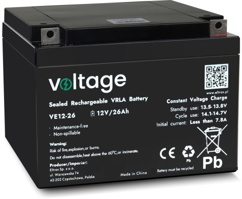 Akumulator AGM Voltage 12V 26Ah VE12-26 (Żywotność 6-9 lat) Akumulator AGM Voltage 12V 26Ah VE12-26 (Żywotność 6-9 lat)