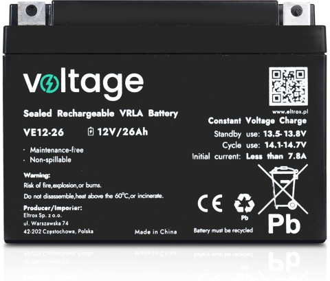 Akumulator AGM Voltage 12V 26Ah VE12-26 (Żywotność 6-9 lat) Akumulator AGM Voltage 12V 26Ah VE12-26 (Żywotność 6-9 lat)