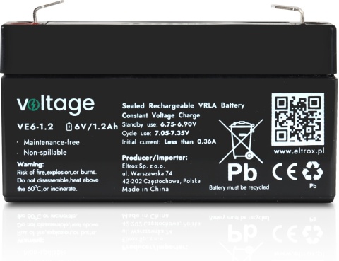 Akumulator AGM Voltage 6V 1,2Ah VE6-1.2 (Żywotność 6-9 lat) Akumulator AGM Voltage 6V 1,2Ah VE6-1.2 (Żywotność 6-9 lat)